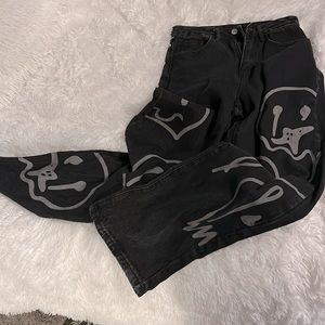 Cute Black Straight Legged Jeans With Smiley Faces